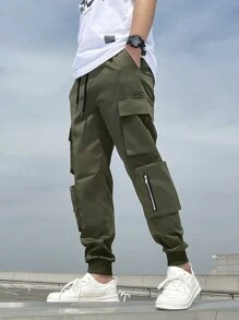 Manfinity Homme Men Flap Pocket Side Cargo Trousers - Army Green - View 3