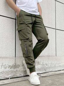 Manfinity Homme Men Flap Pocket Side Cargo Trousers - Army Green - View 4