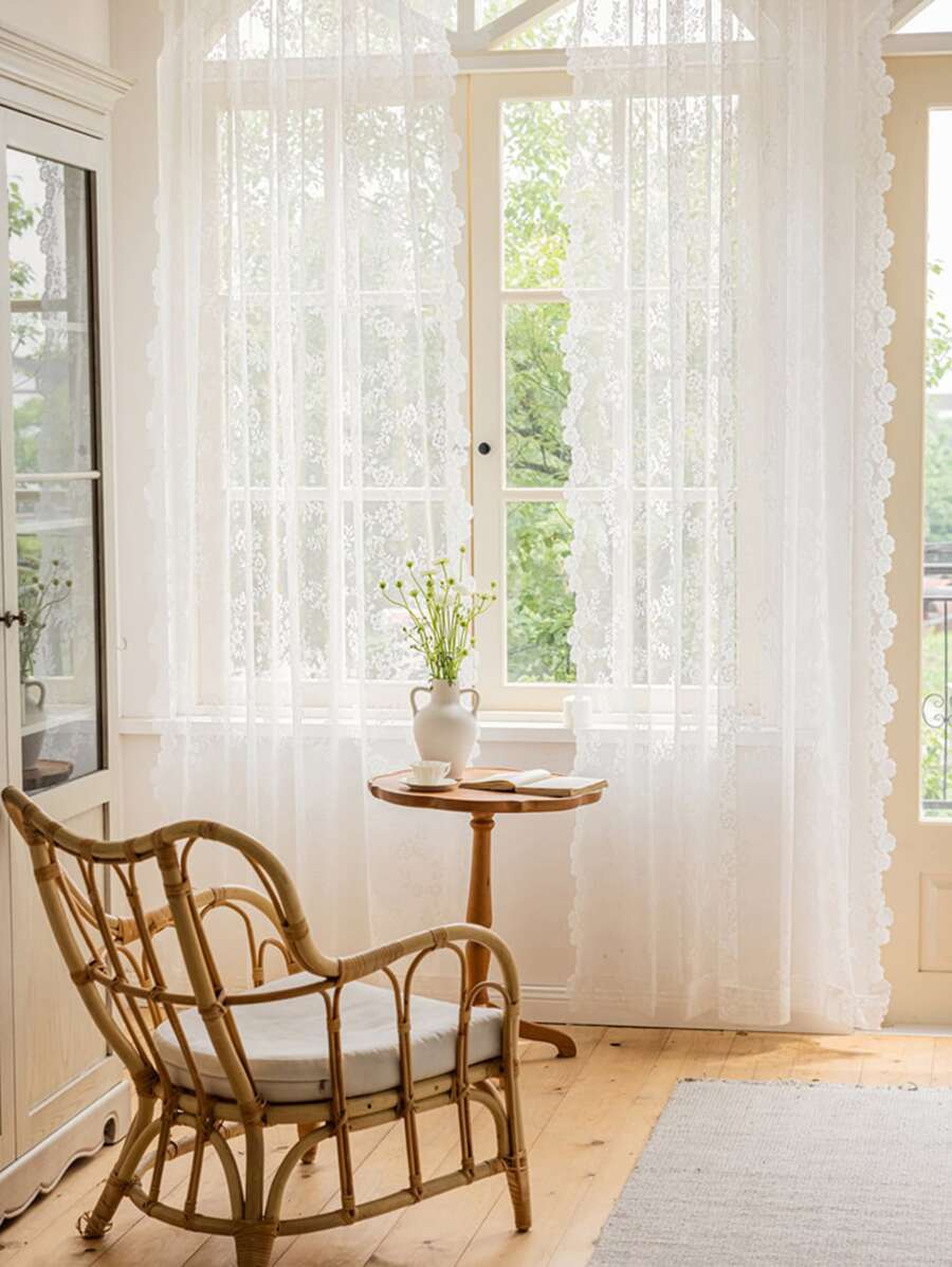 Rèm đơn bảng thêu hoa - trắng - Xem 1