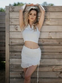 SHEIN X Suzan Falda bajo con fruncido con cordón Pestañas con bordado - Blanco - Ver 4