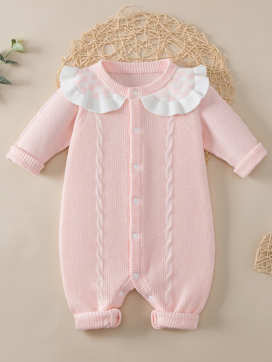 SHEIN Babymeisjes romper met geblokt patroon en ruches en kabelbreisel