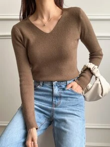 DAZY 纯色V领罗纹针织毛衣、长袖上衣、秋装 - 咖啡棕 - 查看 1