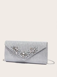 Bolso de mano Vincy con lentejuelas, brillante, lujoso, brillo de strass decorado con solapa, cadena, bolsa cuadrada perfecta para fiestas, bodas, bailes, cenas/banquetes para chicas, mujeres, novia - Plateado - Ver 4