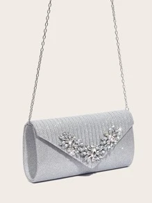 Bolso de mano Vincy con lentejuelas, brillante, lujoso, brillo de strass decorado con solapa, cadena, bolsa cuadrada perfecta para fiestas, bodas, bailes, cenas/banquetes para chicas, mujeres, novia - Plateado - Ver 5