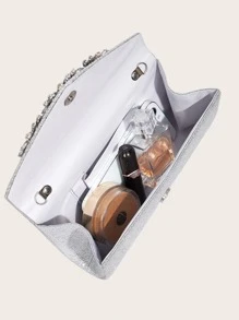 Bolso de mano Vincy con lentejuelas, brillante, lujoso, brillo de strass decorado con solapa, cadena, bolsa cuadrada perfecta para fiestas, bodas, bailes, cenas/banquetes para chicas, mujeres, novia - Plateado - Ver 6