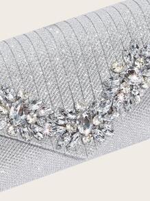 Bolso de mano Vincy con lentejuelas, brillante, lujoso, brillo de strass decorado con solapa, cadena, bolsa cuadrada perfecta para fiestas, bodas, bailes, cenas/banquetes para chicas, mujeres, novia - Plateado - Ver 7