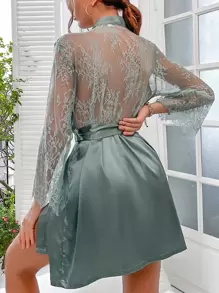 Bata panel con encaje de pestaña con cinturón de satén - Azul Cadete - Ver 1