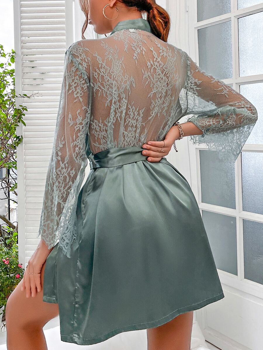 Bata panel con encaje de pestaña con cinturón de satén - Azul Cadete - Ver 1