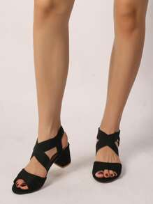 Criss Cross Strap Chunky Heeled Suedette Slingback Sandals - Black - View 5