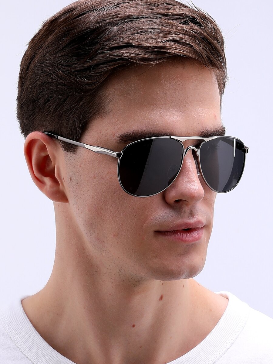 POLASUP 1pc Polarized Men's Summer Double Bridge Pilot Metal Bicolor High-End Electroplated 3D Flexible Hinge Adaptive Width Classic Copper Pilot Sunglasses, Fashion Driving Outdoor Shades, All Seasons - Black - View 1