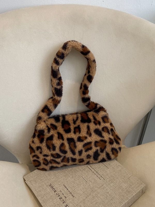 Geantă de umăr pufoasă, moale, pufoasă, cu imprimeu leopard, pentru fete, femei, studenți, începători și lucrători cu guler alb, pentru serviciu, birou, navetă, pentru toamnă și iarnă, iarnă caldă, în aer liber, geantă la modă cu imprimeu leopard