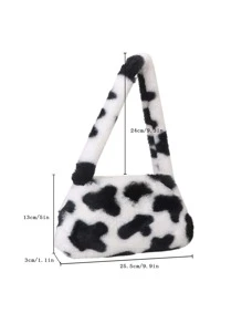 Fuzzy, Soft, Plush Cow Pattern Fluffy Bag For Girls, Women, College Students, Rookies & White-Collar Workers For Work, Office, Commute, For Autumn & Winter, Warm Winter, Outdoors, Casual Cow Print Pattern Purse For Women, Perfectly Matching With Fall Outfits Women, New Arrival Fur Bag For Women - Black and White - View 4