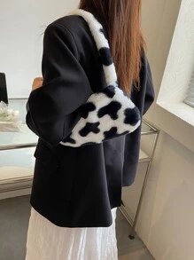 Fuzzy, Soft, Plush Cow Pattern Fluffy Bag For Girls, Women, College Students, Rookies & White-Collar Workers For Work, Office, Commute, For Autumn & Winter, Warm Winter, Outdoors, Casual Cow Print Pattern Purse For Women, Perfectly Matching With Fall Outfits Women, New Arrival Fur Bag For Women - Black and White - View 6
