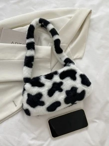 Fuzzy, Soft, Plush Cow Pattern Fluffy Bag For Girls, Women, College Students, Rookies & White-Collar Workers For Work, Office, Commute, For Autumn & Winter, Warm Winter, Outdoors, Casual Cow Print Pattern Purse For Women, Perfectly Matching With Fall Outfits Women, New Arrival Fur Bag For Women - Black and White - View 8