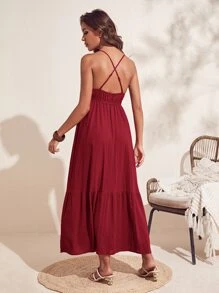 SHEIN VCAY Vestido de tirantes con tira cruzada de espalda abierta bajo con fruncido - Burdeos - Ver 2