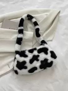 Fuzzy, Soft, Plush Cow Pattern Fluffy Bag For Girls, Women, College Students, Rookies & White-Collar Workers For Work, Office, Commute, For Autumn & Winter, Warm Winter, Outdoors, Casual Cow Print Pattern Purse For Women, Perfectly Matching With Fall Outfits Women, New Arrival Fur Bag For Women - Black and White - View 9