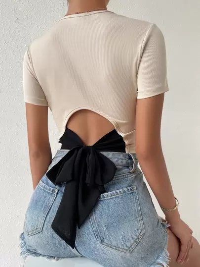 RosyDaze 后背系带罗纹针织上衣 图案 T 恤 女士上衣