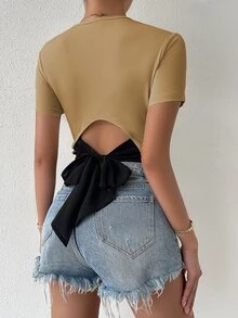 SHEIN Privé Tie Back Rib Knit Top Graphic Tees Women Tops - Khaki - View 2