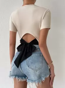 RosyDaze 后背系带罗纹针织上衣 图案 T 恤 女士上衣 - 米色 - 查看 2