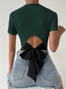 SHEIN Privé 后背系带罗纹针织上衣 图案 T 恤 女士上衣 - 墨綠色 - 查看 3