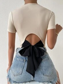 RosyDaze 后背系带罗纹针织上衣 图案 T 恤 女士上衣 - 米色 - 查看 4