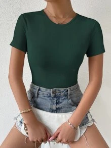 SHEIN Privé 后背系带罗纹针织上衣 图案 T 恤 女士上衣 - 墨綠色 - 查看 4