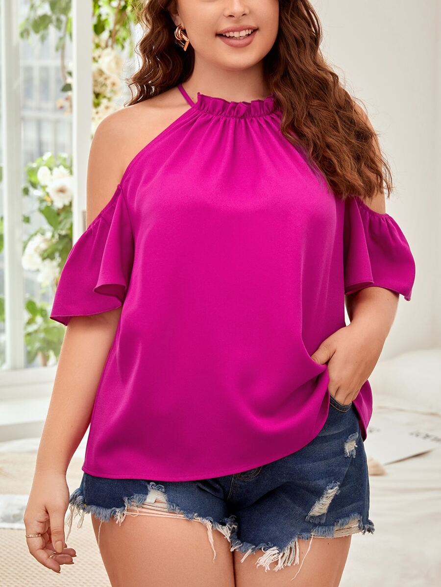 SHEIN Privé 大碼挖肩褶邊後鎖孔上衣 - 玫紅色 - 查看 1