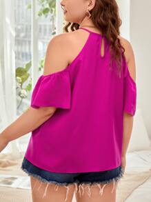 SHEIN Privé 大碼挖肩褶邊後鎖孔上衣 - 玫紅色 - 查看 2