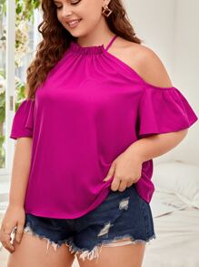 SHEIN Privé 大碼挖肩褶邊後鎖孔上衣 - 玫紅色 - 查看 4