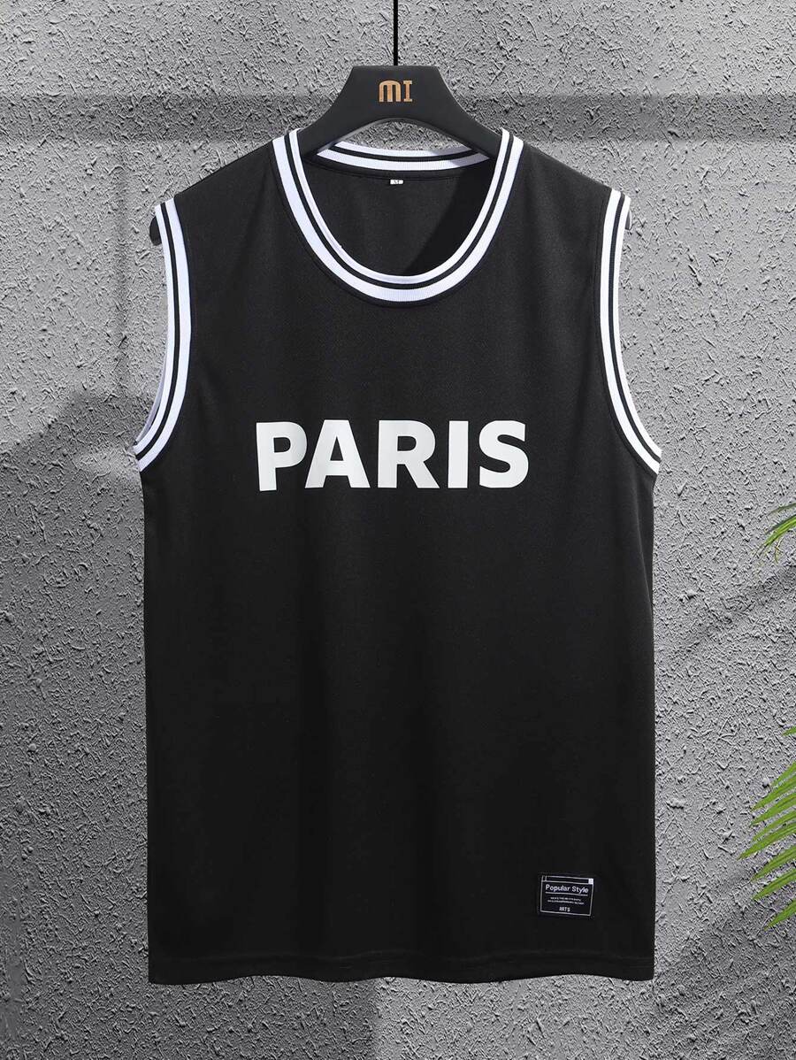 Aesthetic Post--Men Letter Graphic Patch Detail Contrast Trim Tank Top - Black - View 1