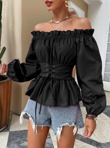 Chiquease Off Shoulder Lantern Sleeve Corset Peplum Top Peplum Top - Black - View 1