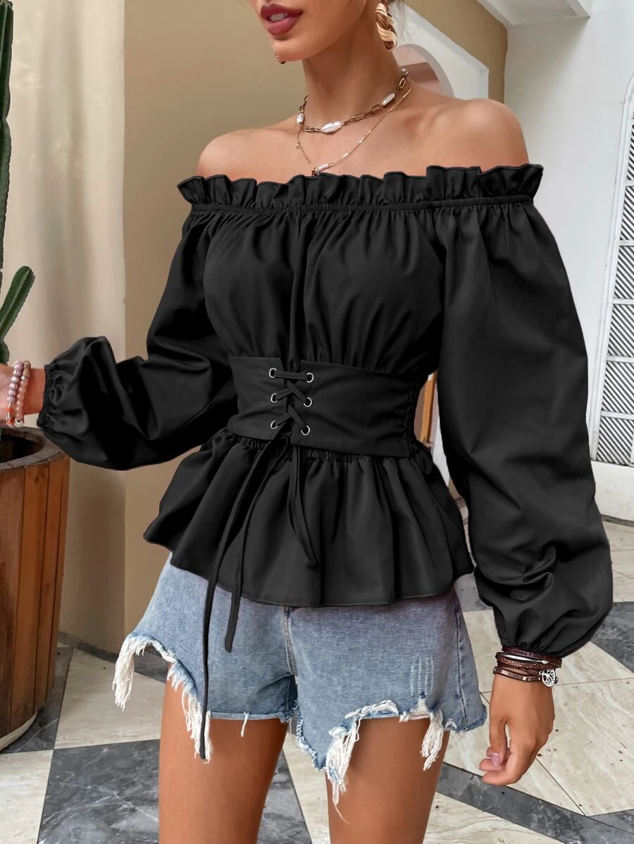 Chiquease Off Shoulder Lantern Sleeve Corset Peplum Top Peplum Top - Black - View 1