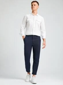 Manfinity Homme Men Suit Pants Túi màu trơn - Màu xanh hải quân - Xem 3