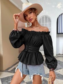 Chiquease Off Shoulder Lantern Sleeve Corset Peplum Top Peplum Top - Black - View 3