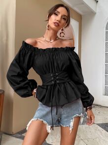 Chiquease Off Shoulder Lantern Sleeve Corset Peplum Top Peplum Top - Black - View 4