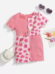 SHEIN Baby Girl Floral Print Lettuce Trim Tee Dress