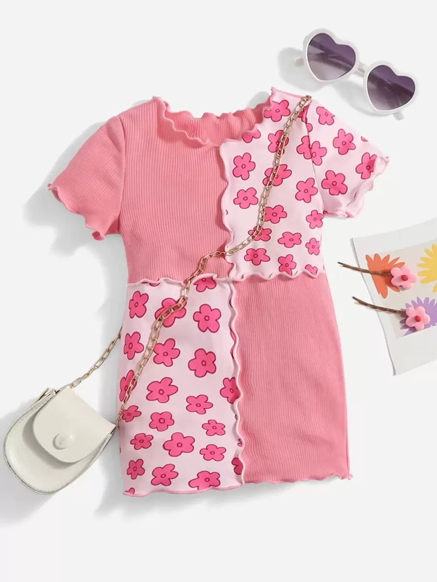 SHEIN Baby Girl Floral Print Lettuce Trim Tee Dress