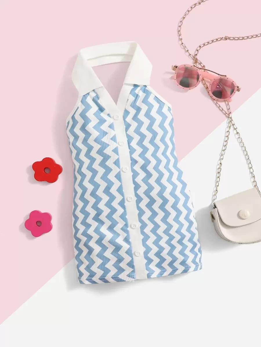 SHEIN 嬰兒女孩z字形印花無背背心連衣裙 - 藍白色 - 查看 1