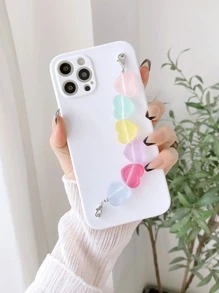 Solid Phone Case With Heart Decor Hand Strap - White - View 1
