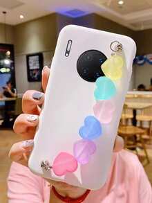 Solid Phone Case With Heart Decor Hand Strap - White - View 3