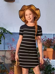 SHEIN Tween Girl Striped Curved Hem Tee Dress - Black - View 1