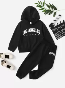 SHEIN Chàng trai trẻ Đồ họa Chữ cái Áo Hoodie & Quần thể thao - màu đen - Xem 1