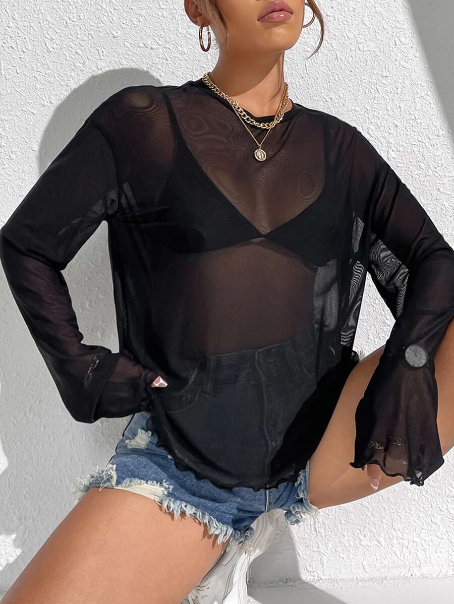 SHEIN Privé Lettuce Trim Sheer Top Without Bra - Black - View 1