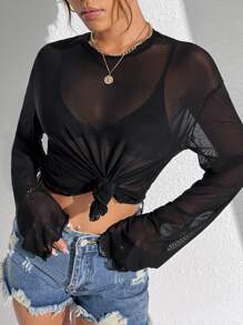 SHEIN Privé Lettuce Trim Sheer Top Without Bra - Black - View 5