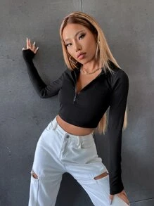 SHEIN Unity Camiseta delgada corta con abertura media - Negro - Ver 3