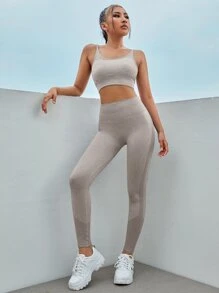 高彈力素色運動型胸罩和寬版腰帶緊身打底褲 - 淺灰色 - 查看 4
