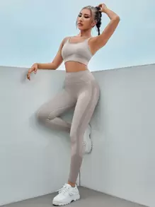 高彈力素色運動型胸罩和寬版腰帶緊身打底褲 - 淺灰色 - 查看 6