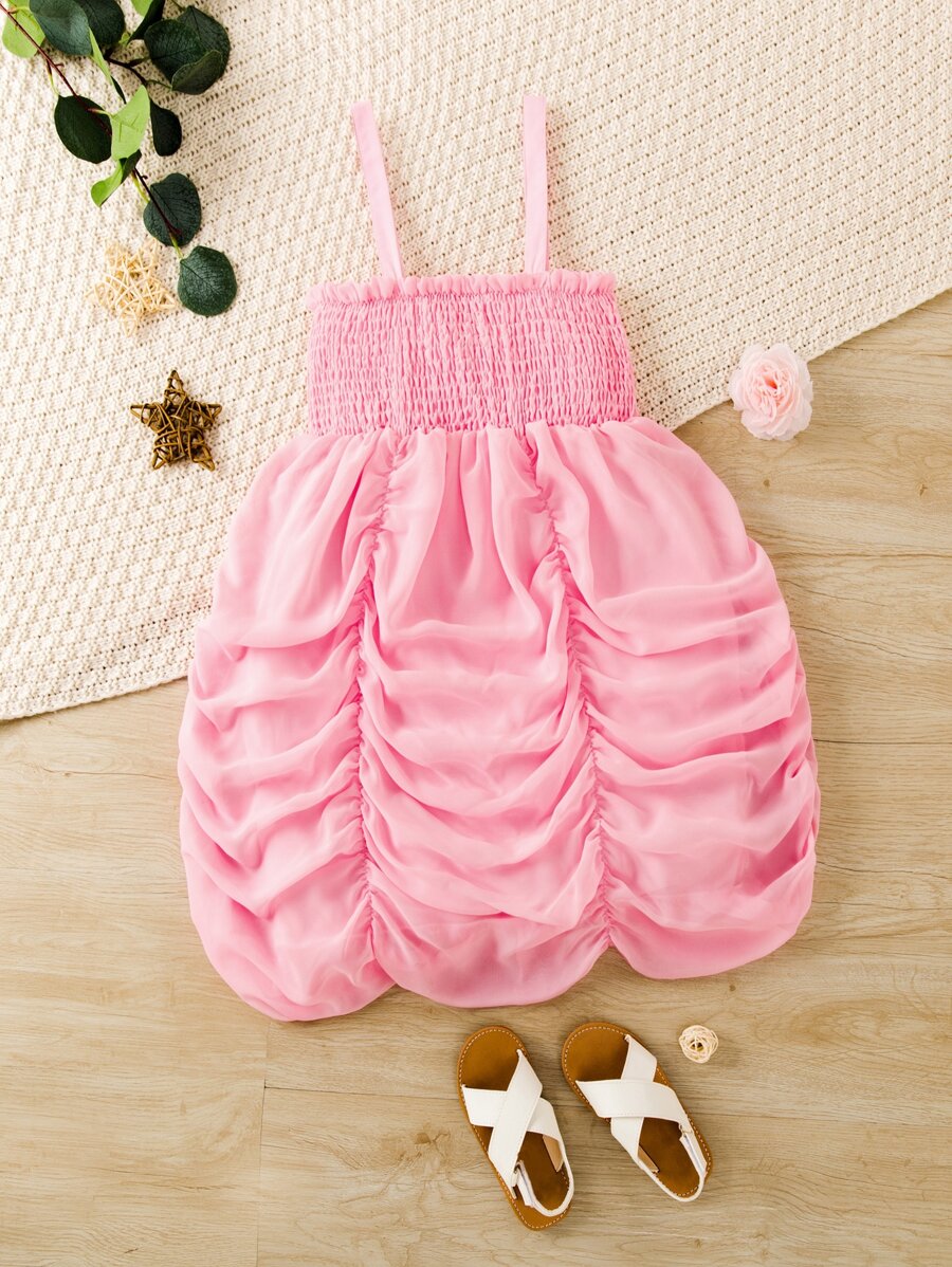 Chica preadolescente Vestido de fiesta de tirantes con fruncido bajo con fruncido - Rosa Pálido - Ver 1