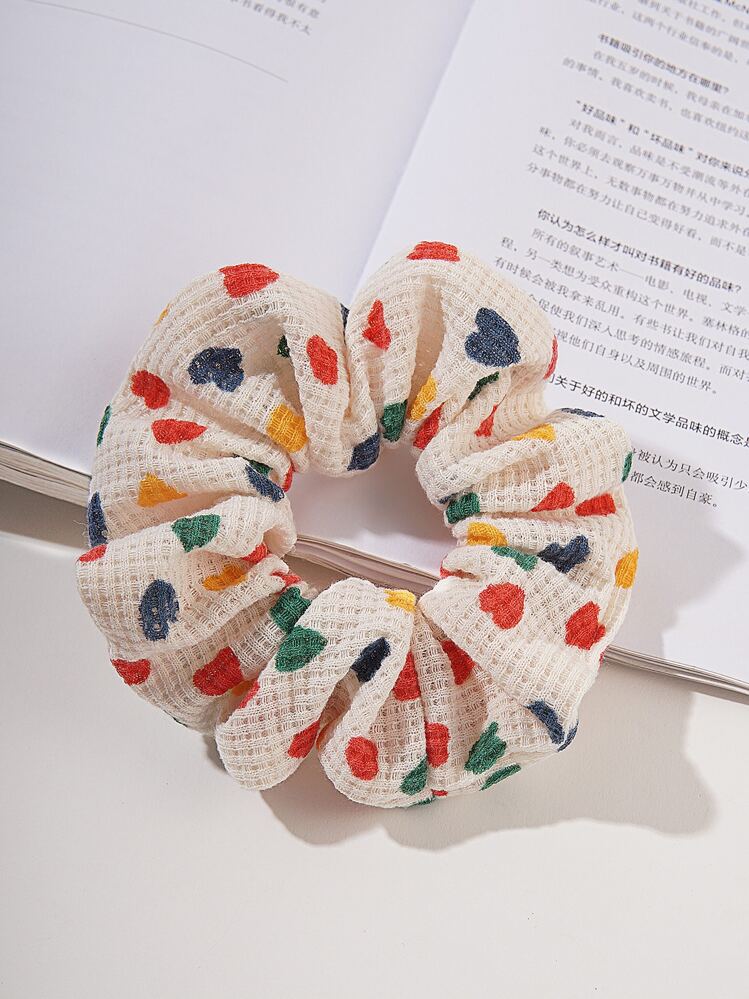 1 pieza Coletero con estampado de corazón de colores, coletero vintage de lunares con textura de gofre, accesorio de cabello versátil para coleta - Multicolor - Añade 7