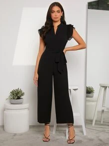 SHEIN Privé Notched Neckline Butterfly Sleeve Belted Jumpsuit - Black - View 2